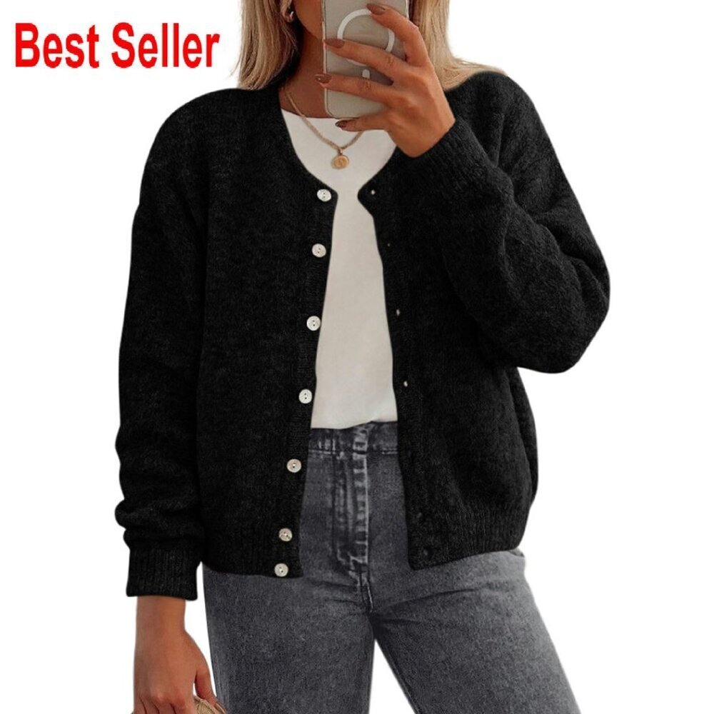 Lightweight Button Down Cardigan Loose Fit Crewneck Chunky Knit Sweater
